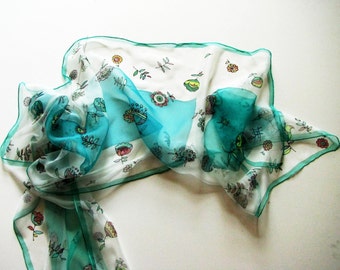 Mint Green Chiffon Silk Scarf: Hand-Painted Floral Wearable Art