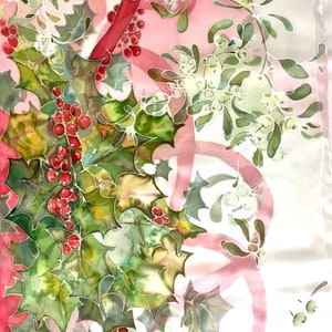 Silk scarf hand painted Holly berry, leaves Mistletoe plant Christmas symbol red and green silk scarf gift for Mom MADE TO ORDER image 2