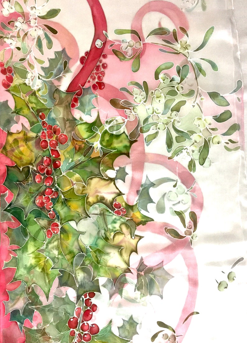 Silk scarf hand painted Holly berry, leaves Mistletoe plant Christmas symbol red and green silk scarf gift for Mom MADE TO ORDER image 2