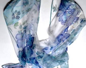 Silk scarf, hand painted, Wild Summer Flowers, blue silk scarf, scarves for women, silk dress Etsy, size 72x18, inches, gift idea. TO ORDER