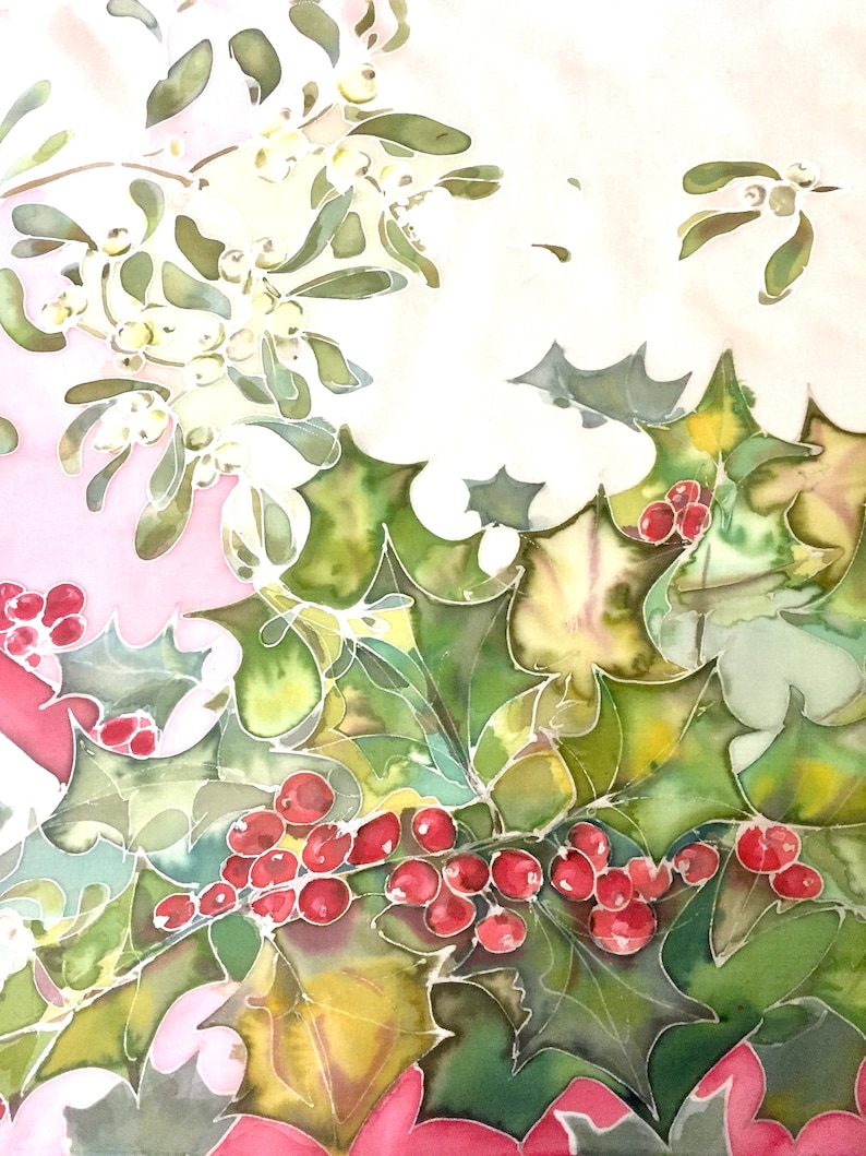 Silk scarf hand painted Holly berry, leaves Mistletoe plant Christmas symbol red and green silk scarf gift for Mom MADE TO ORDER image 8