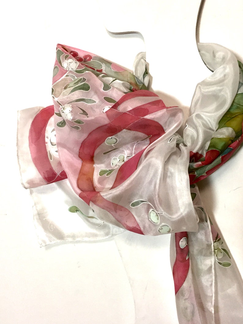 Silk scarf hand painted Holly berry, leaves Mistletoe plant Christmas symbol red and green silk scarf gift for Mom MADE TO ORDER image 4