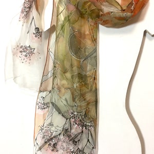 Silk scarf hand painted - woman silk scarves - Decorative leaves - yellow scarf - mossy scarf - floral silk scarf - Gift idea - TO ORDER image 2