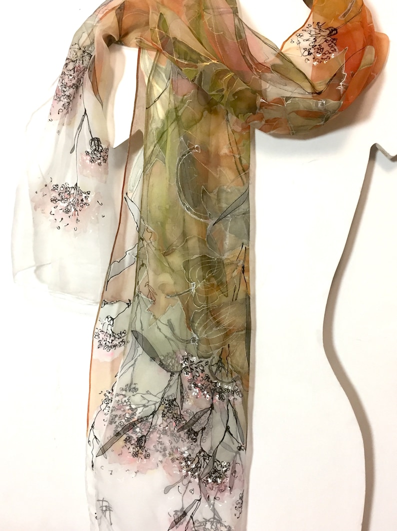 Silk scarf hand painted - woman silk scarves - Decorative leaves - yellow scarf - mossy scarf - floral silk scarf - Gift idea - TO ORDER image 2