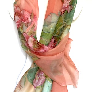 Coral pink silk scarf, peonies blossoms, silk neck scarf, hand painted, hand hemmed scarf, 18 x 72 inches size, gift for woman TO ORDER image 5