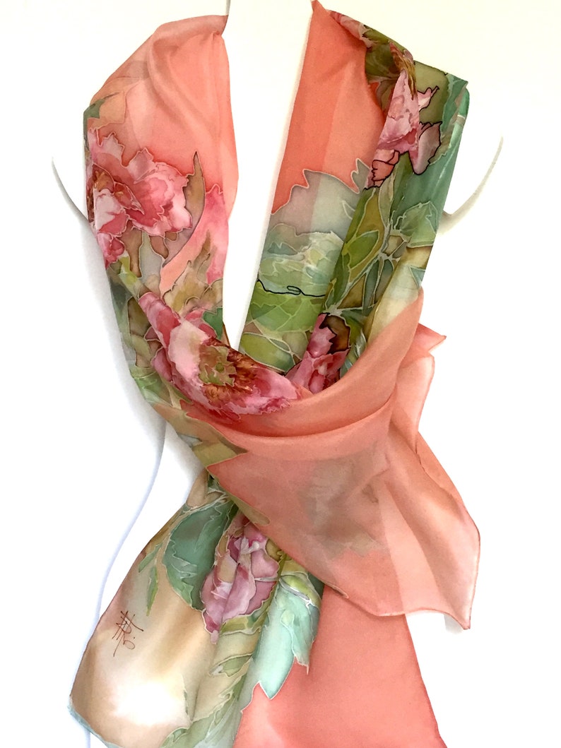 Coral pink silk scarf, peonies blossoms, silk neck scarf, hand painted, hand hemmed scarf, 18 x 72 inches size, gift for woman TO ORDER image 5