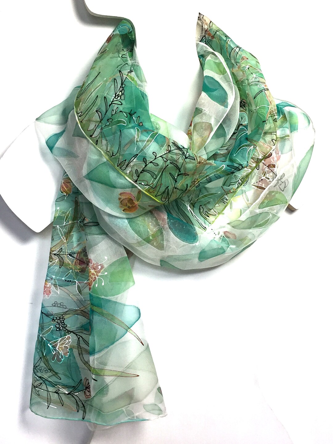 Green White Silk Scarf- Summer Meadow- Hand Painted Silk Scarf- Summer ...