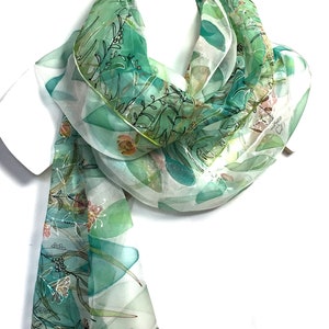 Green white silk scarf- Summer meadow- hand painted silk scarf- Summer wedding silk scarf- floral scarf- silk chiffon scarf- TO ORDER