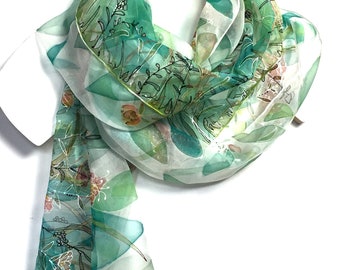 Green white silk scarf- Summer meadow- hand painted silk scarf- Summer wedding silk scarf- floral scarf- silk chiffon scarf- TO ORDER