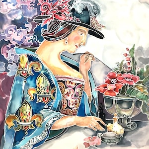 Silk Painting- Woman and flower scent- silk artwork-For home decor- Art piece on silk-Gift Idea-size: 45 cm x 34 cm