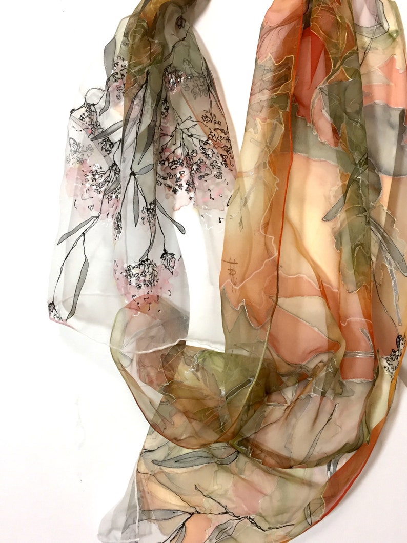 Silk scarf hand painted - woman silk scarves - Decorative leaves - yellow scarf - mossy scarf - floral silk scarf - Gift idea - TO ORDER image 5