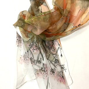 Silk scarf hand painted - woman silk scarves - Decorative leaves - yellow scarf - mossy scarf - floral silk scarf - Gift idea - TO ORDER image 3