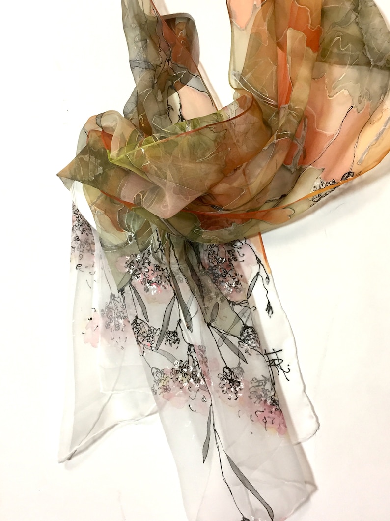 Silk scarf hand painted - woman silk scarves - Decorative leaves - yellow scarf - mossy scarf - floral silk scarf - Gift idea - TO ORDER image 3