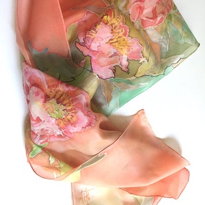 Coral pink silk scarf, peonies blossoms, silk neck scarf, hand painted, hand hemmed scarf, 18 x 72 inches size, gift for woman TO ORDER image 6