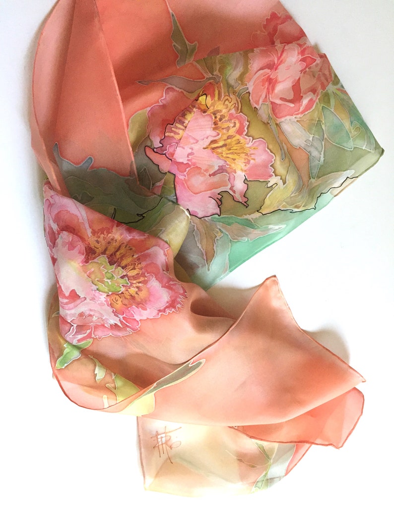 Coral pink silk scarf, peonies blossoms, silk neck scarf, hand painted, hand hemmed scarf, 18 x 72 inches size, gift for woman TO ORDER image 6