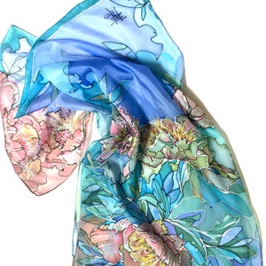 Blue floral silk scarf, peonies blossoms, silk neck scarf, hand painted, hand hemmed scarf, 18 x 72 inch size, gift idea for woman, TO ORDER