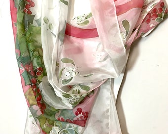Zijden sjaal handgeschilderd - Hulstbes, bladeren - Maretakplant - Kerstsymbool - rode en groene zijden sjaal - cadeau voor mama - MADE TO ORDER
