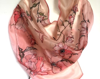 Hand-Painted Silk Scarf: Coral Pink Floral Neck Scarf