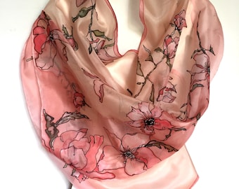 Coral pink floral scarf, flower rings, silk neck scarf, hand painted, hand hemmed scarf, 18 x 72 inch size, gift idea for woman