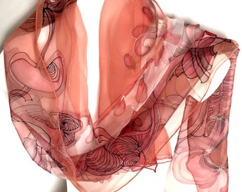 Red silk scarf - hand painted by free hand - floral silk scarf - decorative black lines on silk scarf- Gift idea- Art to wear