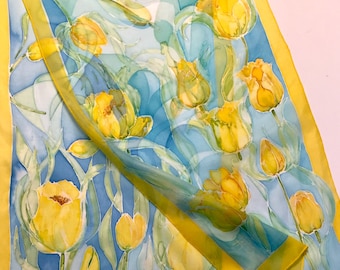 Tulip Silk scarf, hand painted floral silk scarf with Tulip blossoms, Blue silk scarf with yellow blossoms. TO ORDER