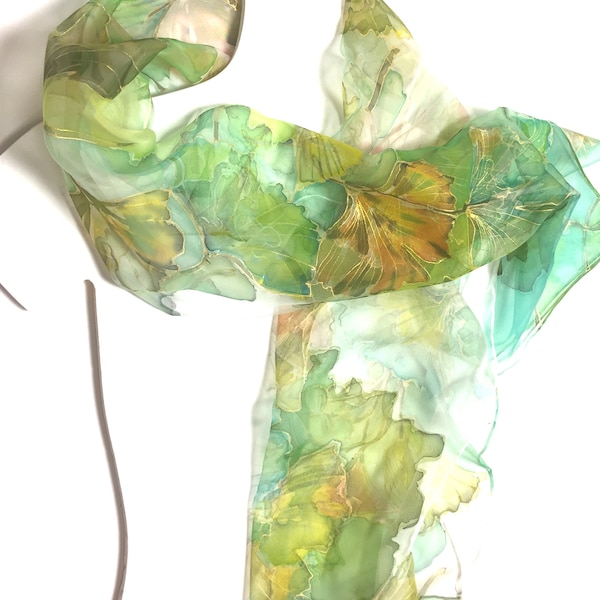 Silk scarf- hand painted- Ginkgo leaves pattern- Unique design- Green floral scarf-Silk accessories- Gift Idea-Gift for woman-TO ORDER