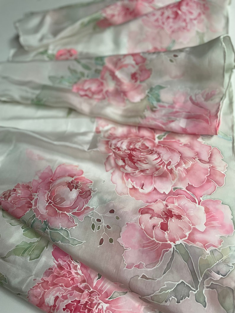Dusty pink woman silk scarf peonies print scarf hand painted silk scarf hand hemmed silk scarf gift idea for women TO ORDER image 6