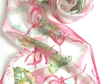 Silk scarf - hand painted silk scarf - Ginkgo leaves scarf - Unique design scarf - Pink floral silk scarf - Gift for woman