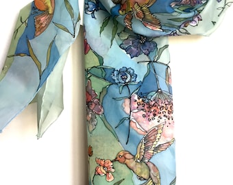 Colorful silk scarf, birds and flowers design, floral scarf, ladies fashion neck scarf, bird scarf, Gifts for her, Gift Idea, TO ORDER