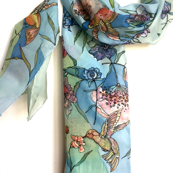 Colorful silk scarf, birds and flowers design, floral scarf, ladies fashion neck scarf, bird scarf, Gifts for her, Gift Idea, TO ORDER