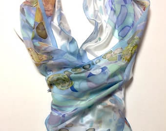 Hand Painted Silk Scarf: Sea Motifs, Beach Style, Long Scarf