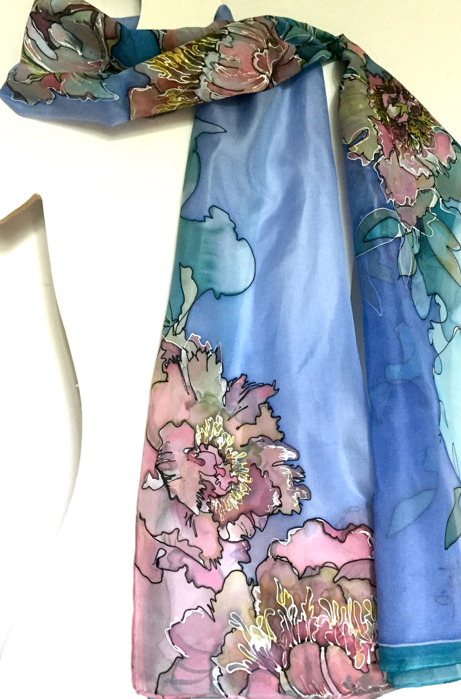 Blue Floral Silk Scarf Peonies Blossoms Silk Neck Scarf - Etsy