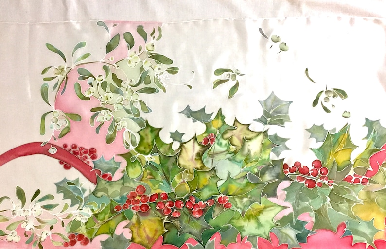Silk scarf hand painted Holly berry, leaves Mistletoe plant Christmas symbol red and green silk scarf gift for Mom MADE TO ORDER image 5