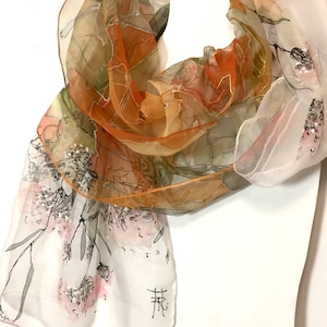 Silk scarf hand painted - woman silk scarves - Decorative leaves - yellow scarf - mossy scarf - floral silk scarf - Gift idea - TO ORDER