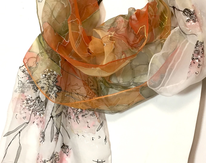 Silk scarf hand painted - woman silk scarves - Decorative leaves - yellow scarf - mossy scarf - floral silk scarf - Gift idea - TO ORDER