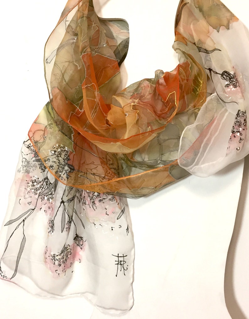Silk scarf hand painted - woman silk scarves - Decorative leaves - yellow scarf - mossy scarf - floral silk scarf - Gift idea - TO ORDER image 1