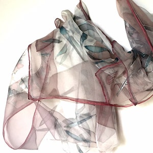 Handpainted Silk Scarf: Feather & Leaf Design, Blush Pink Chiffon