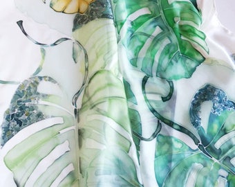 Green Monstera leaf silk scarf, Handpainted floral pure silk scarf on white. TO ORDER