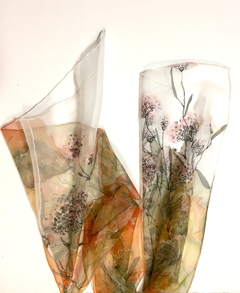 Silk scarf hand painted - woman silk scarves - Decorative leaves - yellow scarf - mossy scarf - floral silk scarf - Gift idea - TO ORDER image 7