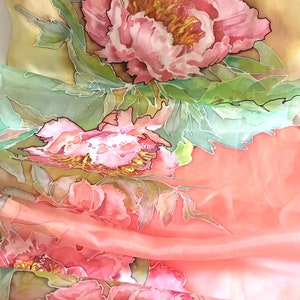 Coral pink silk scarf, peonies blossoms, silk neck scarf, hand painted, hand hemmed scarf, 18 x 72 inches size, gift for woman TO ORDER image 7