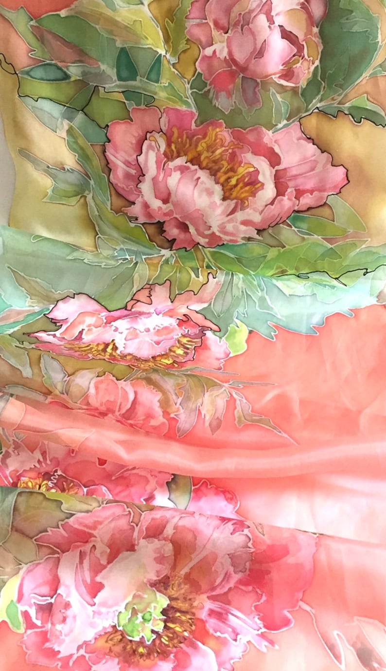 Coral pink silk scarf, peonies blossoms, silk neck scarf, hand painted, hand hemmed scarf, 18 x 72 inches size, gift for woman TO ORDER image 7