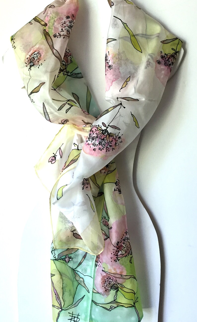 Silk Scarf Hand Painted Pink Yellow Floral Silk Scarf Hand Etsy