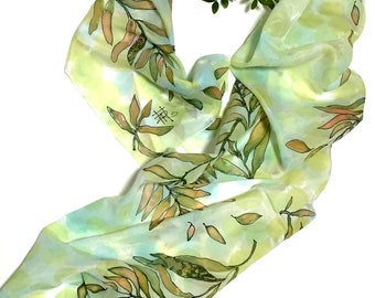 Hand Painted Silk Scarf: Green Yellow Leaf Design, Pure Silk