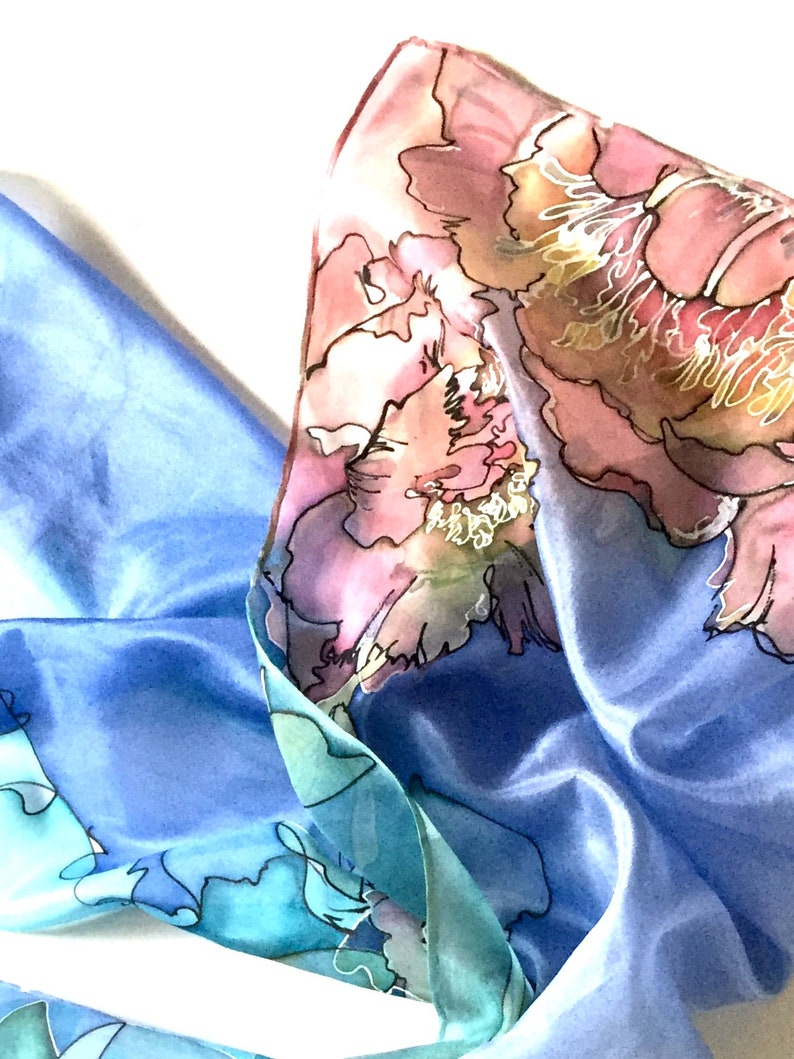 Blue Floral Silk Scarf Peonies Blossoms Silk Neck Scarf - Etsy