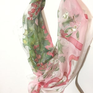 Silk scarf hand painted Holly berry, leaves Mistletoe plant Christmas symbol red and green silk scarf gift for Mom MADE TO ORDER image 7