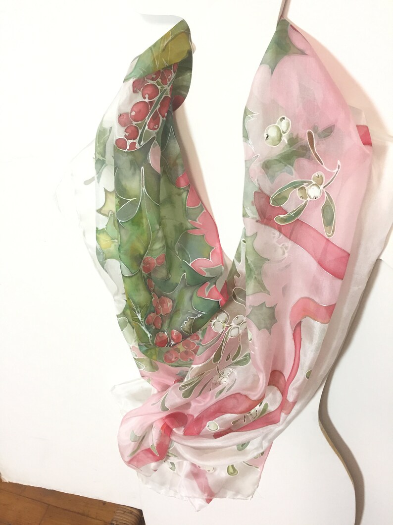 Silk scarf hand painted Holly berry, leaves Mistletoe plant Christmas symbol red and green silk scarf gift for Mom MADE TO ORDER image 7