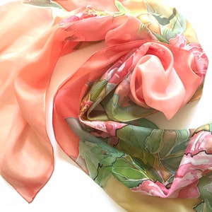 Coral pink silk scarf, peonies blossoms, silk neck scarf, hand painted, hand hemmed scarf, 18 x 72 inches size, gift for woman TO ORDER image 3