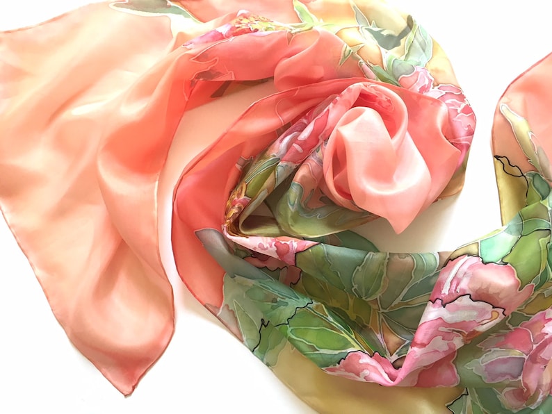 Coral pink silk scarf, peonies blossoms, silk neck scarf, hand painted, hand hemmed scarf, 18 x 72 inches size, gift for woman TO ORDER image 3