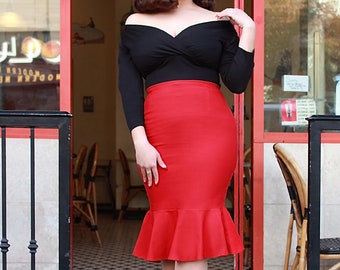 Mermaid Bodycon Red or Black Midi Skirt