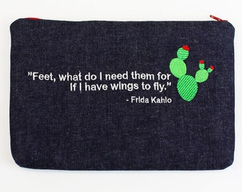 Embroidered Quotes Wallet Coin Make-up Pouch 9" x 6" - Frida